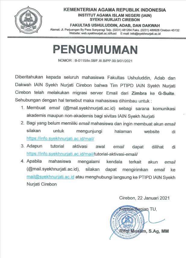 Pembuatan email dengan domain Syekh Nurjati bagi Mahasiswa Fakultas UAD