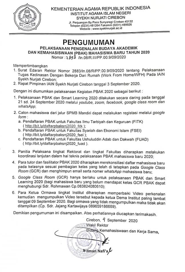 Pengumuman Pelaksanaan Pengenalan Budaya Akademik dan Kemahasiswaan (PBAK) Maba Tahun 2020